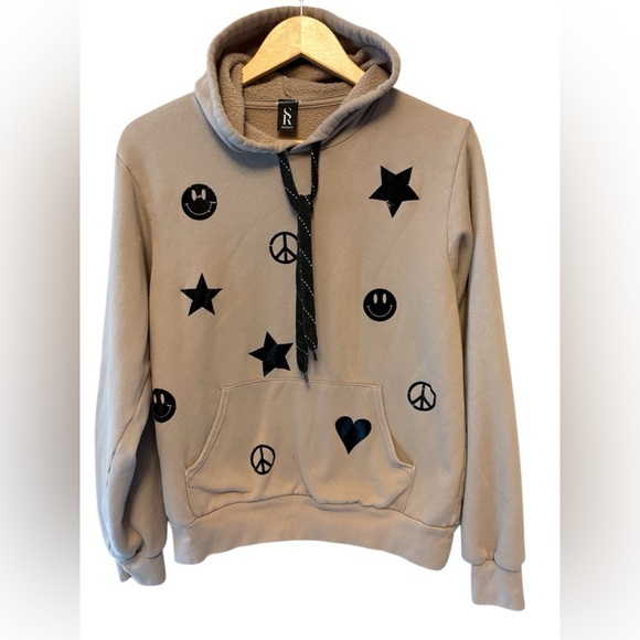 SK Tan Soft Hooded Sweatshirt with Black emojis, Womens size Medium - Picture 3 of 4